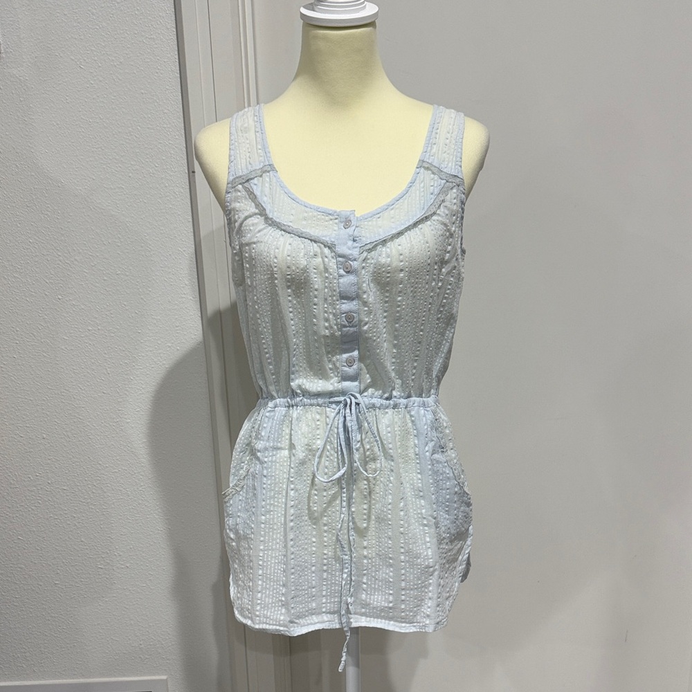 Love Squared Light Blue Striped Tank Top with Lace Ruffle Detail - S - Picture 2 of 9